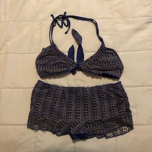 Blue and gold knitted/ weaved pattern bikini set